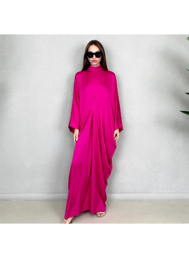 QABEELA RAM23 JAMILA HIGH NECK HOT PINK SILK SATIN KAFTAN - Image 2